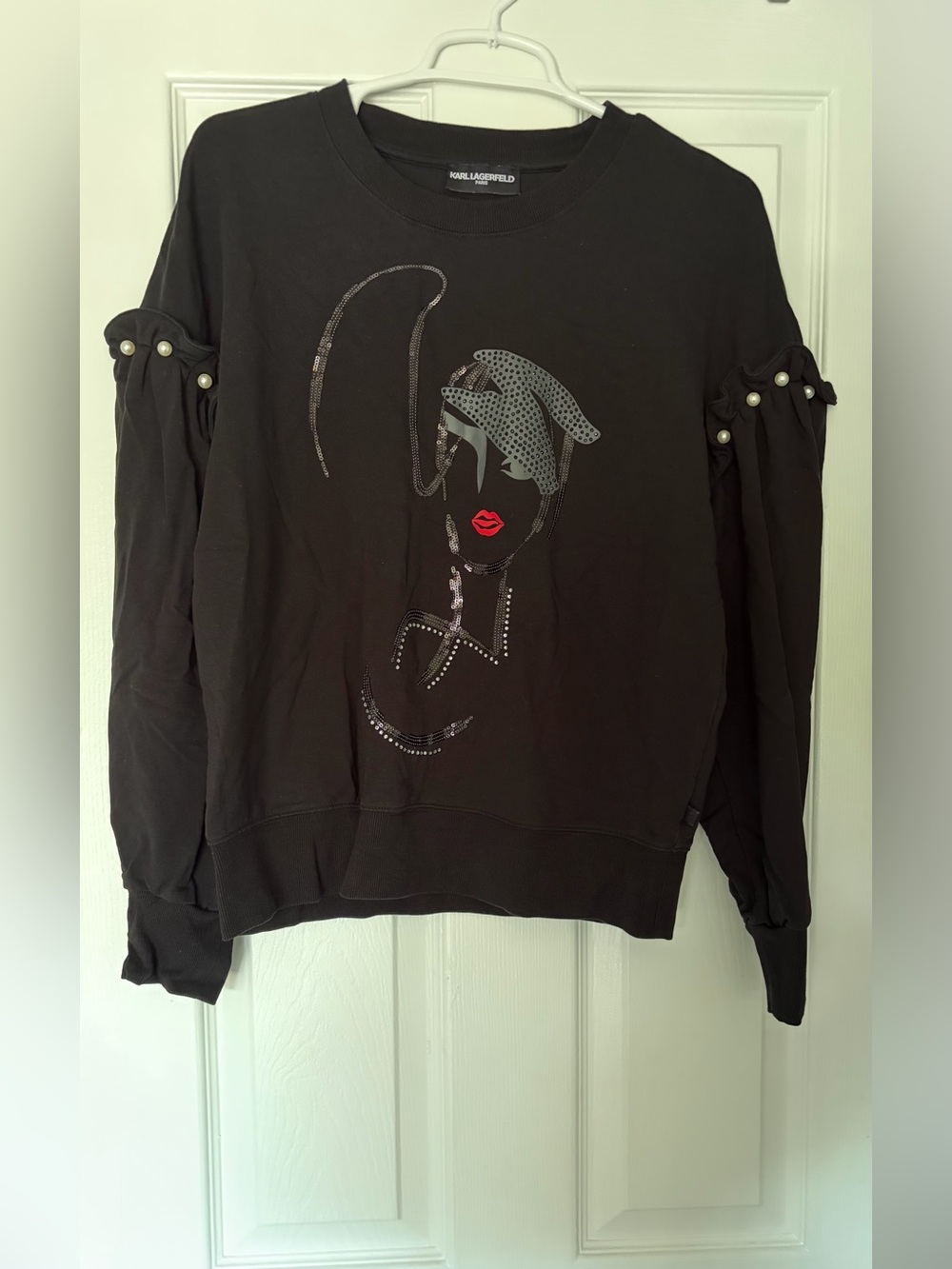 Karl Lagerfeld Black Rhinestone Graphic Sweatshirt with Ribbed Sleeves and Pearl